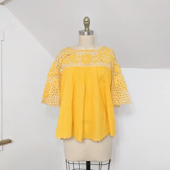 (30) vtg 1960s era ultra boho hippie yellow eyelet embroidered bell sleeve blous - Picture 1 of 3